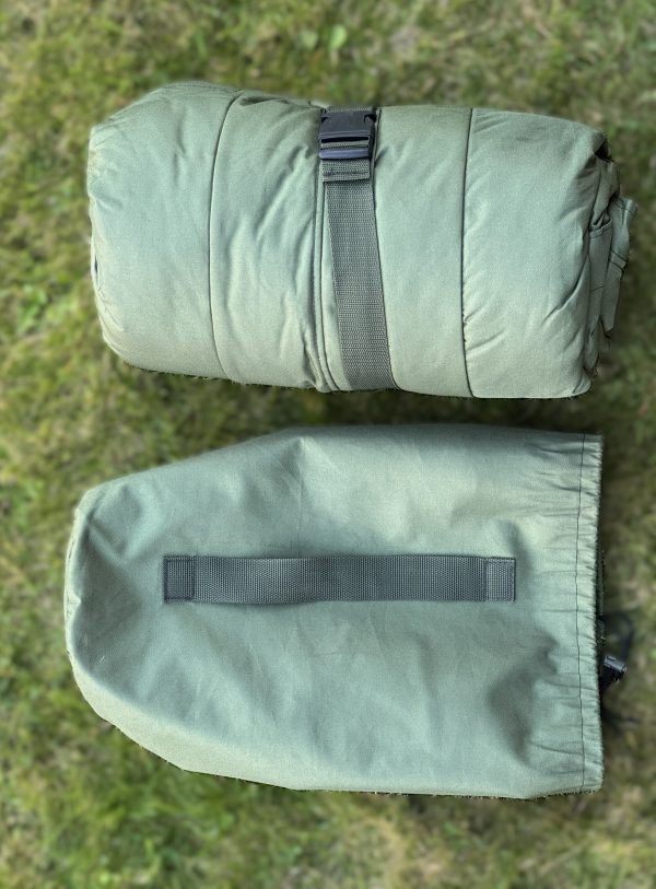 Compact waterproof sleeping bag with built-in hypothermia monitoring pockets packed for travel